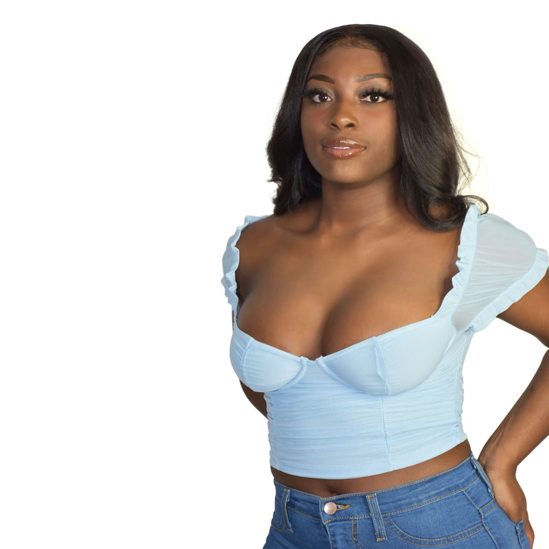 Melody Ruched Mesh Crop Top - Blue